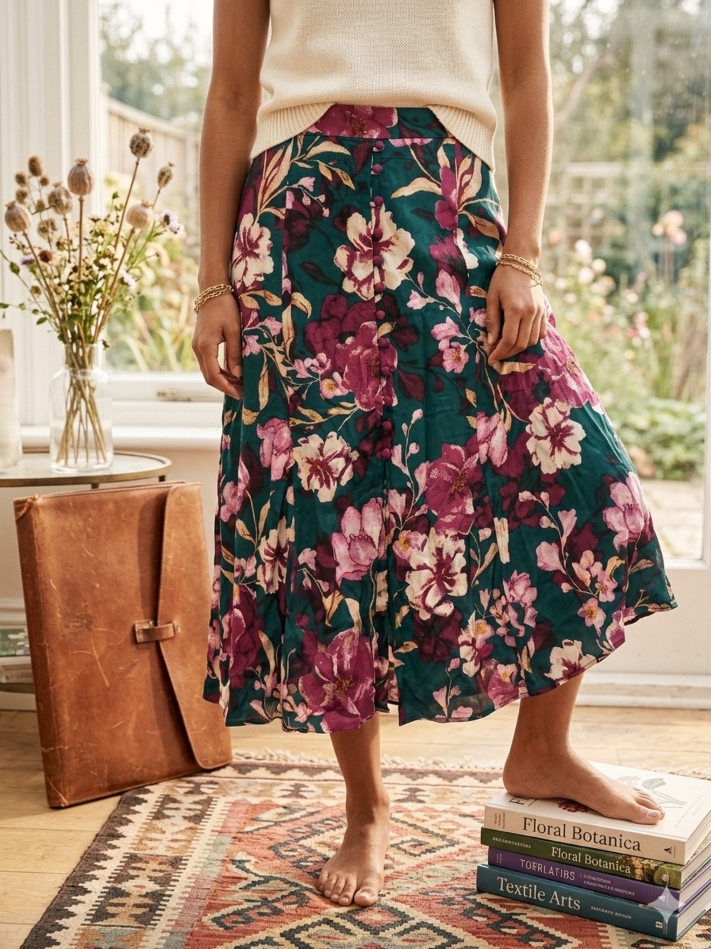 Floral A-Line Midi Skirt in Teal and Purple